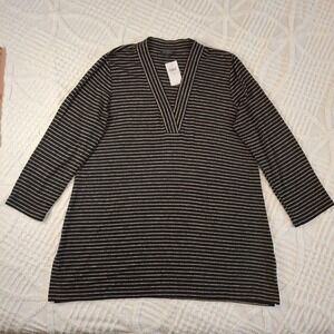 J Jill Women's Size Large Tall Black Gray Stripe V Neck Long Sleeve Pullover Top